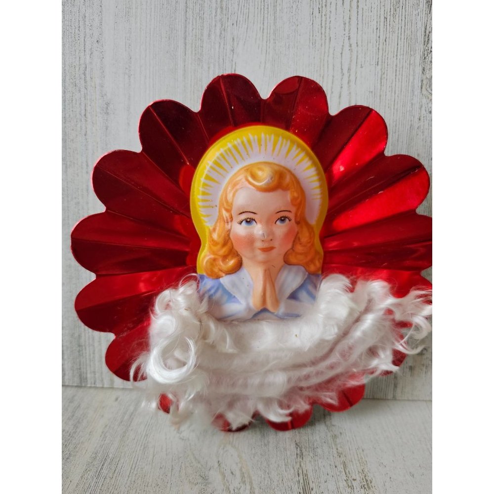 Vintage‎ aluminum angel cherub red tree topper metal mini blow mold Xmas tree